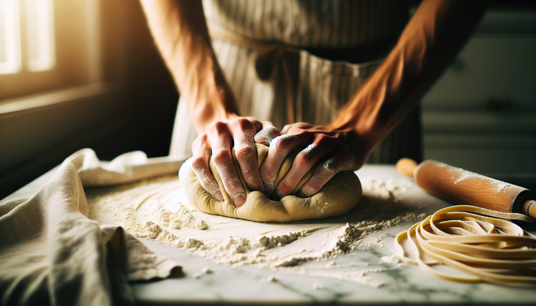 Hands crafting fresh pasta in golden light